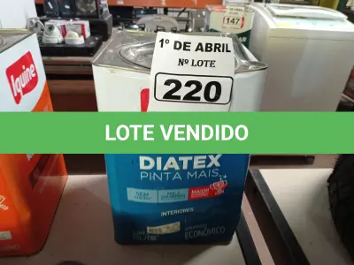 LOTE 220 - 01 LATA DE TINTA IQUINE DIATEX PINTA MAIS 18L FOSCO BASE “P”. (NO ESTADO) ATENÇÃO! FAZER A VISITAÇÃO ANTES DE ARREMATAR, NÃO SABEMOS SE FUNCIONA. LEILÃO NÃO TEM GARANTIA E NEM DEVOLUÇÃO, SUJEITO A POSSÍVEIS AVARIAS VISÍVEIS/OCULTAS E/OU AUSÊNCIA DE COMPONENTES.