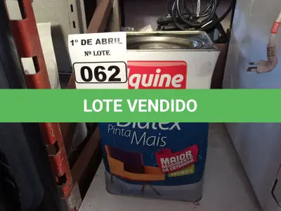 LOTE 062 - 01 LATA DE TINTA IQUINE DIATEX PINTA MAIS 18L FOSCO BASE “P”. (NO ESTADO) ATENÇÃO! FAZER A VISITAÇÃO ANTES DE ARREMATAR, NÃO SABEMOS SE FUNCIONA. LEILÃO NÃO TEM GARANTIA E NEM DEVOLUÇÃO, SUJEITO A POSSÍVEIS AVARIAS VISÍVEIS/OCULTAS E/OU AUSÊNCIA DE COMPONENTES.