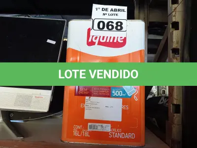 LOTE 068 - 01 LATA DE TINTA IQUINE DELANIL RENDE MUITO 18L FOSCO BASE “C”. (NO ESTADO) ATENÇÃO! FAZER A VISITAÇÃO ANTES DE ARREMATAR, NÃO SABEMOS SE FUNCIONA. LEILÃO NÃO TEM GARANTIA E NEM DEVOLUÇÃO, SUJEITO A POSSÍVEIS AVARIAS VISÍVEIS/OCULTAS E/OU AUSÊNCIA DE COMPONENTES.