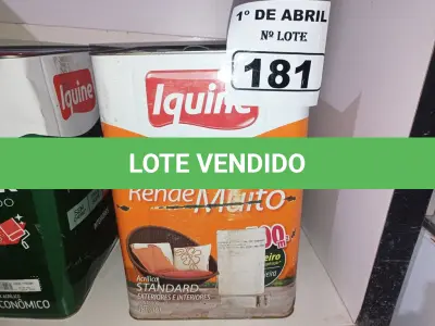 LOTE 181 - 01 LATA DE TINTA IQUINE DELANIL RENDE MUITO 18L FOSCO BASE “C”. (NO ESTADO) ATENÇÃO! FAZER A VISITAÇÃO ANTES DE ARREMATAR, NÃO SABEMOS SE FUNCIONA. LEILÃO NÃO TEM GARANTIA E NEM DEVOLUÇÃO, SUJEITO A POSSÍVEIS AVARIAS VISÍVEIS/OCULTAS E/OU AUSÊNCIA DE COMPONENTES.