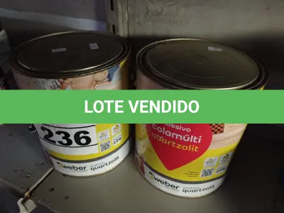 LOTE 236 - 02 GALÕES DE ADESIVO COLAMULT QUARTZOLIT 2,8KG. (NO ESTADO) ATENÇÃO! FAZER A VISITAÇÃO ANTES DE ARREMATAR, NÃO SABEMOS SE FUNCIONA. LEILÃO NÃO TEM GARANTIA E NEM DEVOLUÇÃO, SUJEITO A POSSÍVEIS AVARIAS VISÍVEIS/OCULTAS E/OU AUSÊNCIA DE COMPONENTES.