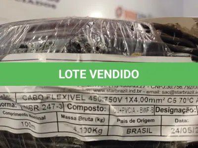 LOTE 359 - 01 ROLO DE CABO FLEXÍVEL 100M 4MM NA COR PRETA(NOVO). (NO ESTADO) ATENÇÃO! FAZER A VISITAÇÃO ANTES DE ARREMATAR, NÃO SABEMOS SE FUNCIONA. LEILÃO NÃO TEM GARANTIA E NEM DEVOLUÇÃO, SUJEITO A POSSÍVEIS AVARIAS VISÍVEIS/OCULTAS E/OU AUSÊNCIA DE COMPONENTES.