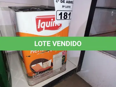 LOTE 181 - 01 LATA DE TINTA IQUINE DELANIL RENDE MUITO 18L FOSCO BASE “C”. (NO ESTADO) ATENÇÃO! FAZER A VISITAÇÃO ANTES DE ARREMATAR, NÃO SABEMOS SE FUNCIONA. LEILÃO NÃO TEM GARANTIA E NEM DEVOLUÇÃO, SUJEITO A POSSÍVEIS AVARIAS VISÍVEIS/OCULTAS E/OU AUSÊNCIA DE COMPONENTES.