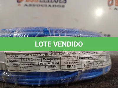 LOTE 354 - 01 ROLO DE CABO FLEXÍVEL 100M 4MM NA COR AZUL(NOVO). (NO ESTADO) ATENÇÃO! FAZER A VISITAÇÃO ANTES DE ARREMATAR, NÃO SABEMOS SE FUNCIONA. LEILÃO NÃO TEM GARANTIA E NEM DEVOLUÇÃO, SUJEITO A POSSÍVEIS AVARIAS VISÍVEIS/OCULTAS E/OU AUSÊNCIA DE COMPONENTES.