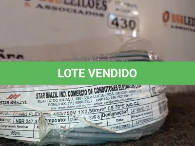 LOTE 430 - 01 ROLO DE CABO FLEXÍVEL 100M 10MM NA COR CINZA(NOVO). (NO ESTADO) ATENÇÃO! FAZER A VISITAÇÃO ANTES DE ARREMATAR, NÃO SABEMOS SE FUNCIONA. LEILÃO NÃO TEM GARANTIA E NEM DEVOLUÇÃO, SUJEITO A POSSÍVEIS AVARIAS VISÍVEIS/OCULTAS E/OU AUSÊNCIA DE COMPONENTES.