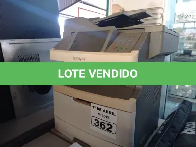 LOTE 362 - 01 IMPRESSORA MARCA LEXMARK MODELO X464. (NO ESTADO) ATENÇÃO! FAZER A VISITAÇÃO ANTES DE ARREMATAR, NÃO SABEMOS SE FUNCIONA. LEILÃO NÃO TEM GARANTIA E NEM DEVOLUÇÃO, SUJEITO A POSSÍVEIS AVARIAS VISÍVEIS/OCULTAS E/OU AUSÊNCIA DE COMPONENTES.