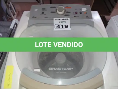LOTE 419 - 01 LAVADORA MARCA BRASTEMP 9KG. (NO ESTADO) ATENÇÃO! FAZER A VISITAÇÃO ANTES DE ARREMATAR, NÃO SABEMOS SE FUNCIONA. LEILÃO NÃO TEM GARANTIA E NEM DEVOLUÇÃO, SUJEITO A POSSÍVEIS AVARIAS VISÍVEIS/OCULTAS E/OU AUSÊNCIA DE COMPONENTES.