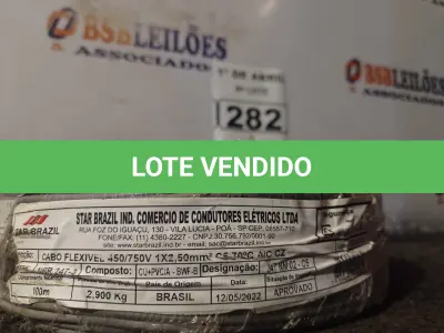 LOTE 282 - 01 ROLO DE CABO FLEXÍVEL 100M 2,5MM NA COR CINZA(NOVO). (NO ESTADO) ATENÇÃO! FAZER A VISITAÇÃO ANTES DE ARREMATAR, NÃO SABEMOS SE FUNCIONA. LEILÃO NÃO TEM GARANTIA E NEM DEVOLUÇÃO, SUJEITO A POSSÍVEIS AVARIAS VISÍVEIS/OCULTAS E/OU AUSÊNCIA DE COMPONENTES.