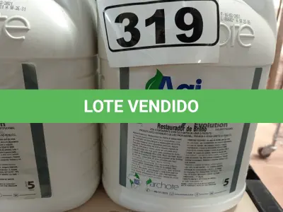 LOTE 319 - 20 LITROS DE AGI PRO RESTAURADOR DE BRILHO. (NO ESTADO) ATENÇÃO! FAZER A VISITAÇÃO ANTES DE ARREMATAR, NÃO SABEMOS SE FUNCIONA. LEILÃO NÃO TEM GARANTIA E NEM DEVOLUÇÃO, SUJEITO A POSSÍVEIS AVARIAS VISÍVEIS/OCULTAS E/OU AUSÊNCIA DE COMPONENTES.