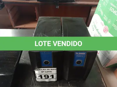 LOTE 191 - 02 ESTABILIZADORES TS SHARA 1500VA. (NO ESTADO) ATENÇÃO! FAZER A VISITAÇÃO ANTES DE ARREMATAR, NÃO SABEMOS SE FUNCIONA. LEILÃO NÃO TEM GARANTIA E NEM DEVOLUÇÃO, SUJEITO A POSSÍVEIS AVARIAS VISÍVEIS/OCULTAS E/OU AUSÊNCIA DE COMPONENTES.