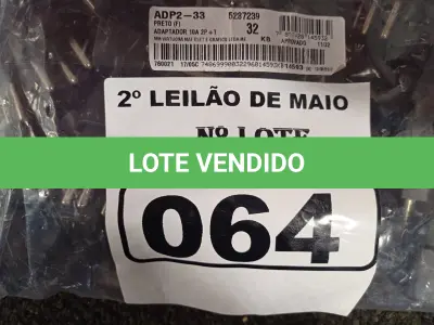 LOTE 064 - 01 LOTE COM GRANDE QUANTIDADE DE ADAPTADORES 10AMP 2P+T. (NO ESTADO) ATENÇÃO! FAZER A VISITAÇÃO ANTES DE ARREMATAR, NÃO SABEMOS SE FUNCIONA. LEILÃO NÃO TEM GARANTIA E NEM DEVOLUÇÃO, SUJEITO A POSSÍVEIS AVARIAS VISÍVEIS/OCULTAS E/OU AUSÊNCIA DE COMPONENTES.