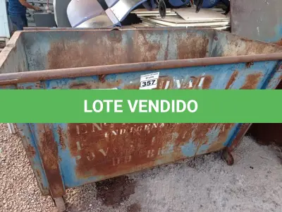 LOTE 357 - 01 CONTAINER PARA LIXO EM AÇO. (NO ESTADO) ATENÇÃO! FAZER A VISITAÇÃO ANTES DE ARREMATAR, NÃO SABEMOS SE FUNCIONA. LEILÃO NÃO TEM GARANTIA E NEM DEVOLUÇÃO, SUJEITO A POSSÍVEIS AVARIAS VISÍVEIS/OCULTAS E/OU AUSÊNCIA DE COMPONENTES.