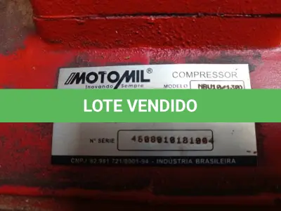 LOTE 327 - 01 COMPRESSOR DE AR MARCA MOTOMIL 130 LITROS-2,0HP-120PSI. (NO ESTADO) ATENÇÃO! FAZER A VISITAÇÃO ANTES DE ARREMATAR, NÃO SABEMOS SE FUNCIONA. LEILÃO NÃO TEM GARANTIA E NEM DEVOLUÇÃO, SUJEITO A POSSÍVEIS AVARIAS VISÍVEIS/OCULTAS E/OU AUSÊNCIA DE COMPONENTES.