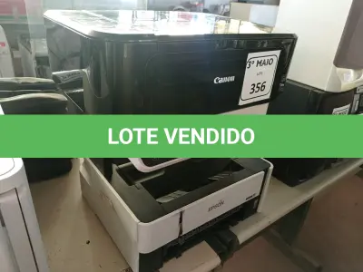 LOTE 356 - 02 IMPRESSORAS, SENDO 01 MARCA EPSON 01 MARCA CÂNON QC4-2598. (NO ESTADO) ATENÇÃO! FAZER A VISITAÇÃO ANTES DE ARREMATAR, NÃO SABEMOS SE FUNCIONA. LEILÃO NÃO TEM GARANTIA E NEM DEVOLUÇÃO, SUJEITO A POSSÍVEIS AVARIAS VISÍVEIS/OCULTAS E/OU AUSÊNCIA DE COMPONENTES.