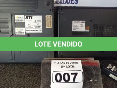 LOTE 007 - 02 NOTEBOOKS, SENDO 01 SIM+ COM FONTE INCOMPLETA FALTANDO CABO DE FORÇA E 01 NOTEBOOK MARCA STI SEM FONTE COM AVARIAS. (NÃO ESTÃO LIGANDO) (NO ESTADO) ATENÇÃO! FAZER A VISITAÇÃO ANTES DE ARREMATAR, NÃO SABEMOS SE FUNCIONA. LEILÃO NÃO TEM GARANTIA E NEM DEVOLUÇÃO, SUJEITO A POSSÍVEIS AVARIAS VISÍVEIS/OCULTAS E/OU AUSÊNCIA DE COMPONENTES.