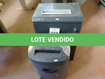 LOTE 272 - 02 FRAGMENTADORAS DE PAPEL SENDO 01 JP-520C VIP. (NO ESTADO) ATENÇÃO! FAZER A VISITAÇÃO ANTES DE ARREMATAR, NÃO SABEMOS SE FUNCIONA. LEILÃO NÃO TEM GARANTIA E NEM DEVOLUÇÃO, SUJEITO A POSSÍVEIS AVARIAS VISÍVEIS/OCULTAS E/OU AUSÊNCIA DE COMPONENTES.
