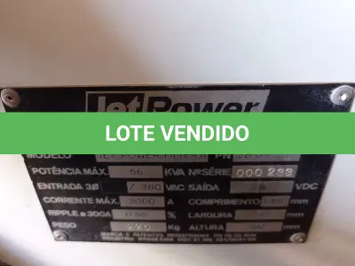 LOTE 453 - 01 AUXILIAR DE PARTIDA PARA AERONAVE MARCA JET POWER FLTER II 2500 POTÊNCIA 56KVA ENTRADA DE 380VOLTS E SAÍDA DE 28DC. (NO ESTADO) ATENÇÃO! FAZER A VISITAÇÃO ANTES DE ARREMATAR, NÃO SABEMOS SE FUNCIONA. LEILÃO NÃO TEM GARANTIA E NEM DEVOLUÇÃO, SUJEITO A POSSÍVEIS AVARIAS VISÍVEIS/OCULTAS E/OU AUSÊNCIA DE COMPONENTES.