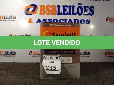 LOTE 235 - 01 LATA DE TINTA TEXTURATTO PREMIUM EFEITO RÚSTICO EXTERIOR/INTERIOR SUVINIL 25KG. (NO ESTADO) ATENÇÃO! FAZER A VISITAÇÃO ANTES DE ARREMATAR, NÃO SABEMOS SE FUNCIONA. LEILÃO NÃO TEM GARANTIA E NEM DEVOLUÇÃO, SUJEITO A POSSÍVEIS AVARIAS VISÍVEIS/OCULTAS E/OU AUSÊNCIA DE COMPONENTES.