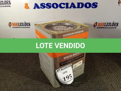 LOTE 195 - 01 LATA DE TINTA TEXTURATTO PREMIUM EFEITO RÚSTICO INTERIOR/EXTERIOR SUVINIL 25KG. (NO ESTADO) ATENÇÃO! FAZER A VISITAÇÃO ANTES DE ARREMATAR, NÃO SABEMOS SE FUNCIONA. LEILÃO NÃO TEM GARANTIA E NEM DEVOLUÇÃO, SUJEITO A POSSÍVEIS AVARIAS VISÍVEIS/OCULTAS E/OU AUSÊNCIA DE COMPONENTES.