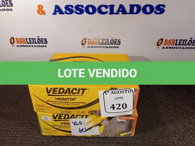 LOTE 420 - 02 CAIXAS DE VEDATOP ARGAMASSA POLIMÉRICA IMPERMEÁVEL 12KG. (NO ESTADO) ATENÇÃO! FAZER A VISITAÇÃO ANTES DE ARREMATAR, NÃO SABEMOS SE FUNCIONA. LEILÃO NÃO TEM GARANTIA E NEM DEVOLUÇÃO, SUJEITO A POSSÍVEIS AVARIAS VISÍVEIS/OCULTAS E/OU AUSÊNCIA DE COMPONENTES.