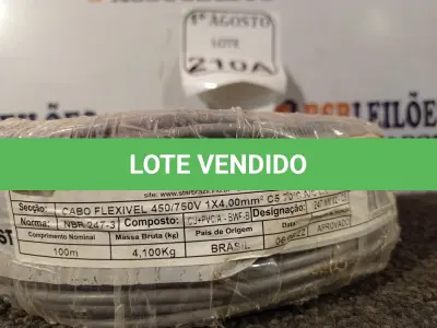 LOTE 210 - 01 ROLO DE CABO FLEXÍVEL 450/750VOLTS 1X4,00MM NA COR CINZA. (NO ESTADO) ATENÇÃO! FAZER A VISITAÇÃO ANTES DE ARREMATAR, NÃO SABEMOS SE FUNCIONA. LEILÃO NÃO TEM GARANTIA E NEM DEVOLUÇÃO, SUJEITO A POSSÍVEIS AVARIAS VISÍVEIS/OCULTAS E/OU AUSÊNCIA DE COMPONENTES.