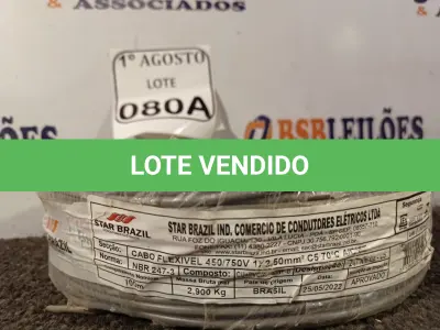 LOTE 080 - 01 ROLO DE CABO FLEXÍVEL 450/750VOLTS 1X2,50MM NA COR CINZA. (NO ESTADO) ATENÇÃO! FAZER A VISITAÇÃO ANTES DE ARREMATAR, NÃO SABEMOS SE FUNCIONA. LEILÃO NÃO TEM GARANTIA E NEM DEVOLUÇÃO, SUJEITO A POSSÍVEIS AVARIAS VISÍVEIS/OCULTAS E/OU AUSÊNCIA DE COMPONENTES.