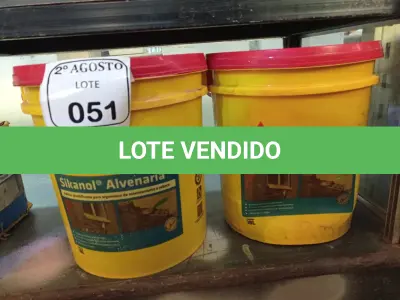 LOTE 051 - 02 BALDES DE SIKANOL ALVENARIA ADITIVO PLASTIFICANTE PARA ARGAMASSA DE ASSENTAMENTO E REBOCO, 18 LITROS CADA. (NO ESTADO) ATENÇÃO! FAZER A VISITAÇÃO ANTES DE ARREMATAR, NÃO SABEMOS SE FUNCIONA. LEILÃO NÃO TEM GARANTIA E NEM DEVOLUÇÃO, SUJEITO A POSSÍVEIS AVARIAS VISÍVEIS/OCULTAS E/OU AUSÊNCIA DE COMPONENTES.