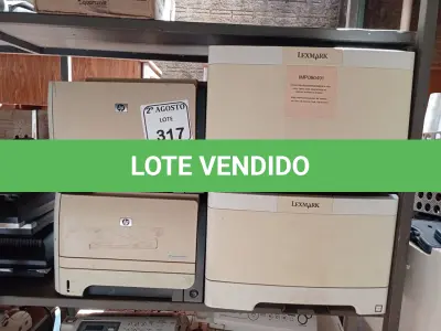 LOTE 317 - 04 IMPRESSORAS SENDO DUAS HP E DUAS LEXMAX. (NO ESTADO) ATENÇÃO! FAZER A VISITAÇÃO ANTES DE ARREMATAR, NÃO SABEMOS SE FUNCIONA. LEILÃO NÃO TEM GARANTIA E NEM DEVOLUÇÃO, SUJEITO A POSSÍVEIS AVARIAS VISÍVEIS/OCULTAS E/OU AUSÊNCIA DE COMPONENTES.