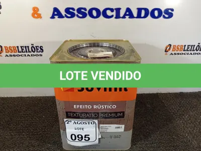 LOTE 095 - 01 LATA DE TINTA TEXTURATTO PREMIUM EFEITO RÚSTICO INTERIOR/EXTERIOR SUVINIL 25KG. (NO ESTADO) ATENÇÃO! FAZER A VISITAÇÃO ANTES DE ARREMATAR, NÃO SABEMOS SE FUNCIONA. LEILÃO NÃO TEM GARANTIA E NEM DEVOLUÇÃO, SUJEITO A POSSÍVEIS AVARIAS VISÍVEIS/OCULTAS E/OU AUSÊNCIA DE COMPONENTES.