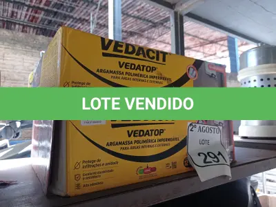 LOTE 291 - 02 VEDACIT ARGAMASSA POLIMÉRICA IMPERMEÁVEL 12KGS CADA. (NO ESTADO) ATENÇÃO! FAZER A VISITAÇÃO ANTES DE ARREMATAR, NÃO SABEMOS SE FUNCIONA. LEILÃO NÃO TEM GARANTIA E NEM DEVOLUÇÃO, SUJEITO A POSSÍVEIS AVARIAS VISÍVEIS/OCULTAS E/OU AUSÊNCIA DE COMPONENTES.