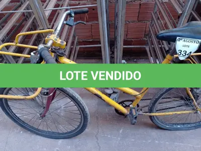LOTE 334 - 01 BICICLETA ARO 26 CARGUEIRA NA COR AMARELA.  (NO ESTADO) ATENÇÃO! FAZER A VISITAÇÃO ANTES DE ARREMATAR, NÃO SABEMOS SE FUNCIONA. LEILÃO NÃO TEM GARANTIA E NEM DEVOLUÇÃO, SUJEITO A POSSÍVEIS AVARIAS VISÍVEIS/OCULTAS E/OU AUSÊNCIA DE COMPONENTES.