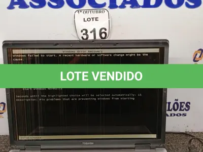 LOTE 316 - 01 NOTEBOOK TOSHIBA C/ FONTE. (NO ESTADO) ATENÇÃO! FAZER A VISITAÇÃO ANTES DE ARREMATAR, NÃO SABEMOS SE FUNCIONA. LEILÃO NÃO TEM GARANTIA E NEM DEVOLUÇÃO, SUJEITO A POSSÍVEIS AVARIAS VISÍVEIS/OCULTAS E/OU AUSÊNCIA DE COMPONENTES.
