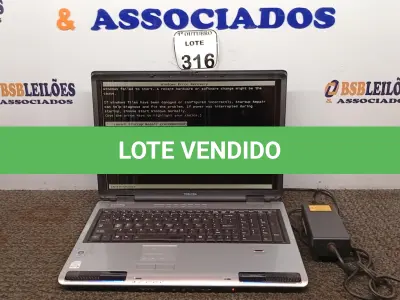 LOTE 316 - 01 NOTEBOOK TOSHIBA C/ FONTE. (NO ESTADO) ATENÇÃO! FAZER A VISITAÇÃO ANTES DE ARREMATAR, NÃO SABEMOS SE FUNCIONA. LEILÃO NÃO TEM GARANTIA E NEM DEVOLUÇÃO, SUJEITO A POSSÍVEIS AVARIAS VISÍVEIS/OCULTAS E/OU AUSÊNCIA DE COMPONENTES.