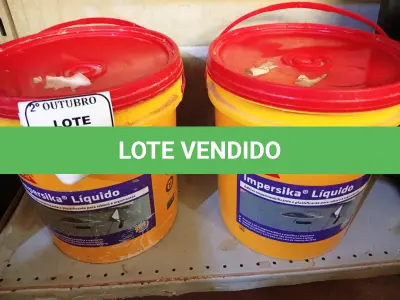LOTE 079 - 02 BALDES DE IMPERSIKA LÍQUIDO ADITIVO PLASTIFICANTE PARA ARGAMASSA DE ASSENTAMENTO E REBOCO, 18 LITROS CADA. (NO ESTADO) ATENÇÃO! FAZER A VISITAÇÃO ANTES DE ARREMATAR, NÃO SABEMOS SE FUNCIONA. LEILÃO NÃO TEM GARANTIA E NEM DEVOLUÇÃO, SUJEITO A POSSÍVEIS AVARIAS VISÍVEIS/OCULTAS E/OU AUSÊNCIA DE COMPONENTES