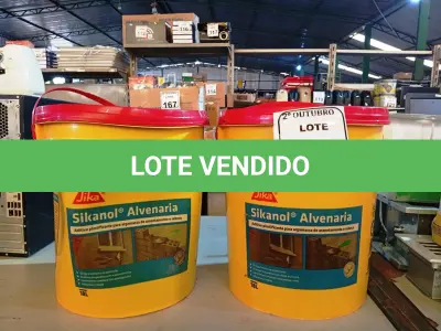 LOTE 220 - 02 BALDES DE SIKANOL ALVENARIA ADITIVO PLASTIFICANTE PARA ARGAMASSA DE ASSENTAMENTO E REBOCO, 18 LITROS CADA. (NO ESTADO) ATENÇÃO! FAZER A VISITAÇÃO ANTES DE ARREMATAR, NÃO SABEMOS SE FUNCIONA. LEILÃO NÃO TEM GARANTIA E NEM DEVOLUÇÃO, SUJEITO A POSSÍVEIS AVARIAS VISÍVEIS/OCULTAS E/OU AUSÊNCIA DE COMPONENTES.