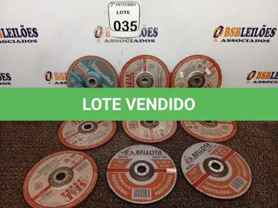 LOTE 035 - 10 DISCOS DE DESBASTE DIVERSOS. (NO ESTADO) ATENÇÃO! FAZER A VISITAÇÃO ANTES DE ARREMATAR, NÃO SABEMOS SE FUNCIONA. LEILÃO NÃO TEM GARANTIA E NEM DEVOLUÇÃO, SUJEITO A POSSÍVEIS AVARIAS VISÍVEIS/OCULTAS E/OU AUSÊNCIA DE COMPONENTES.