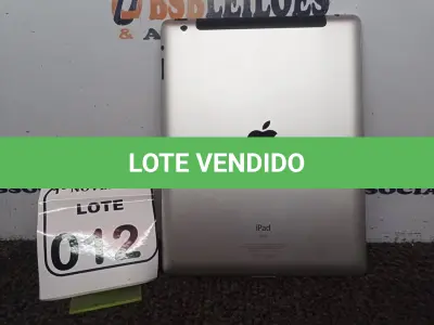 LOTE 012 - 01 IPAD SEM CARREGADOR DE 64GB. (NO ESTADO) ATENÇÃO! FAZER A VISITAÇÃO ANTES DE ARREMATAR, NÃO SABEMOS SE FUNCIONA. LEILÃO NÃO TEM GARANTIA E NEM DEVOLUÇÃO, SUJEITO A POSSÍVEIS AVARIAS VISÍVEIS/OCULTAS E/OU AUSÊNCIA DE COMPONENTES.