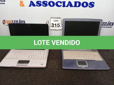 LOTE 315 - 02 NOTEBOOKS MARCAS E MODELOS DIVERSOS P/RETIRADA DE PEÇAS. (NO ESTADO) ATENÇÃO! FAZER A VISITAÇÃO ANTES DE ARREMATAR, NÃO SABEMOS SE FUNCIONA. LEILÃO NÃO TEM GARANTIA E NEM DEVOLUÇÃO, SUJEITO A POSSÍVEIS AVARIAS VISÍVEIS/OCULTAS E/OU AUSÊNCIA DE COMPONENTES.