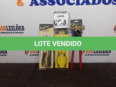 LOTE 003 - 01 ALICATE DE PRESSÃO 10, 01 TORQUE ARMADOR E 01 ALICATE DE BICO MEIA CANA MARCA FERTAK (NOVO). (NO ESTADO) ATENÇÃO! FAZER A VISITAÇÃO ANTES DE ARREMATAR, NÃO SABEMOS SE FUNCIONA. LEILÃO NÃO TEM GARANTIA E NEM DEVOLUÇÃO, SUJEITO A POSSÍVEIS AVARIAS VISÍVEIS/OCULTAS E/OU AUSÊNCIA DE COMPONENTES.