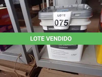 LOTE 075 - 01 GALÃO DE TINTA FOSCO BRANCO 18L MARCA SUVINIL(NOVO). (NO ESTADO) ATENÇÃO! FAZER A VISITAÇÃO ANTES DE ARREMATAR, NÃO SABEMOS SE FUNCIONA. LEILÃO NÃO TEM GARANTIA E NEM DEVOLUÇÃO, SUJEITO A POSSÍVEIS AVARIAS VISÍVEIS/OCULTAS E/OU AUSÊNCIA DE COMPONENTES.