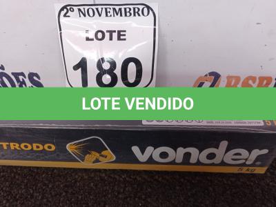LOTE 180 - 5KG DE ELETRODOS 3,25MM MARCA VONDER(NOVO). (NO ESTADO) ATENÇÃO! FAZER A VISITAÇÃO ANTES DE ARREMATAR, NÃO SABEMOS SE FUNCIONA. LEILÃO NÃO TEM GARANTIA E NEM DEVOLUÇÃO, SUJEITO A POSSÍVEIS AVARIAS VISÍVEIS/OCULTAS E/OU AUSÊNCIA DE COMPONENTES.