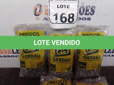 LOTE 168 - 5KG DE PREGOS MARCA GERDAU(NOVO). (NO ESTADO) ATENÇÃO! FAZER A VISITAÇÃO ANTES DE ARREMATAR, NÃO SABEMOS SE FUNCIONA. LEILÃO NÃO TEM GARANTIA E NEM DEVOLUÇÃO, SUJEITO A POSSÍVEIS AVARIAS VISÍVEIS/OCULTAS E/OU AUSÊNCIA DE COMPONENTES.
