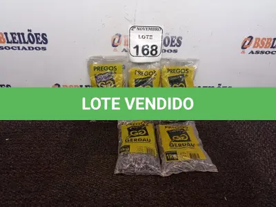 LOTE 168 - 5KG DE PREGOS MARCA GERDAU(NOVO). (NO ESTADO) ATENÇÃO! FAZER A VISITAÇÃO ANTES DE ARREMATAR, NÃO SABEMOS SE FUNCIONA. LEILÃO NÃO TEM GARANTIA E NEM DEVOLUÇÃO, SUJEITO A POSSÍVEIS AVARIAS VISÍVEIS/OCULTAS E/OU AUSÊNCIA DE COMPONENTES.