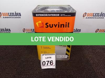LOTE 076 - 01 LATA DE TINTA PARA PISO CINZA FOSCO ESCURO MARCA SUVINIL 18L(NOVO). (NO ESTADO) ATENÇÃO! FAZER A VISITAÇÃO ANTES DE ARREMATAR, NÃO SABEMOS SE FUNCIONA. LEILÃO NÃO TEM GARANTIA E NEM DEVOLUÇÃO, SUJEITO A POSSÍVEIS AVARIAS VISÍVEIS/OCULTAS E/OU AUSÊNCIA DE COMPONENTES.