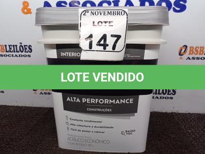LOTE 147 - 01 GALÃO DE TINTA FOSCO BRANCO 18L MARCA SUVINIL(NOVO). (NO ESTADO) ATENÇÃO! FAZER A VISITAÇÃO ANTES DE ARREMATAR, NÃO SABEMOS SE FUNCIONA. LEILÃO NÃO TEM GARANTIA E NEM DEVOLUÇÃO, SUJEITO A POSSÍVEIS AVARIAS VISÍVEIS/OCULTAS E/OU AUSÊNCIA DE COMPONENTES.