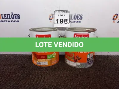 LOTE 198 - 01 LATA DE TINTA P/MADEIRAS E METAIS NA COR VERDE FOLHA E 01 LATA DE TINTA P/MADEIRAS E METAIS NA COR VERMELHO(NOVO). (NO ESTADO) ATENÇÃO! FAZER A VISITAÇÃO ANTES DE ARREMATAR, NÃO SABEMOS SE FUNCIONA. LEILÃO NÃO TEM GARANTIA E NEM DEVOLUÇÃO, SUJEITO A POSSÍVEIS AVARIAS VISÍVEIS/OCULTAS E/OU AUSÊNCIA DE COMPONENTES.