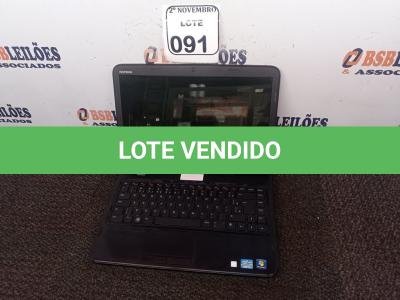 LOTE 091 - 01 NOTEBOOK MARCA DELL. (NO ESTADO) ATENÇÃO! FAZER A VISITAÇÃO ANTES DE ARREMATAR, NÃO SABEMOS SE FUNCIONA. LEILÃO NÃO TEM GARANTIA E NEM DEVOLUÇÃO, SUJEITO A POSSÍVEIS AVARIAS VISÍVEIS/OCULTAS E/OU AUSÊNCIA DE COMPONENTES.