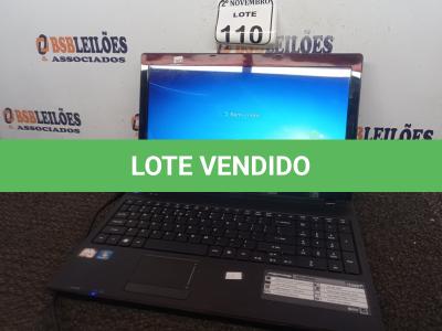 LOTE 110 - 01 NOTEBOOK MARCA ACER. (NO ESTADO) ATENÇÃO! FAZER A VISITAÇÃO ANTES DE ARREMATAR, NÃO SABEMOS SE FUNCIONA. LEILÃO NÃO TEM GARANTIA E NEM DEVOLUÇÃO, SUJEITO A POSSÍVEIS AVARIAS VISÍVEIS/OCULTAS E/OU AUSÊNCIA DE COMPONENTES.