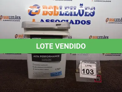 LOTE 103 - 01 BALDE DE TINTA BRANCO FOSCO MARCA SUVINIL 18L.(NOVO) (VALIDADE 09/2027)(NO ESTADO) ATENÇÃO! FAZER A VISITAÇÃO ANTES DE ARREMATAR, NÃO SABEMOS SE FUNCIONA. LEILÃO NÃO TEM GARANTIA E NEM DEVOLUÇÃO, SUJEITO A POSSÍVEIS AVARIAS VISÍVEIS/OCULTAS E/OU AUSÊNCIA DE COMPONENTES.