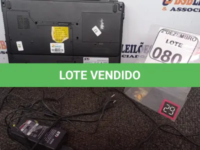 LOTE 080 - 01 NOTEBOOK MARCA STI DUAL CORE HD 250GB, 2GB DE MEMÓRIA E WEBCAM C/MALETA E FONTE. (NO ESTADO) ATENÇÃO! FAZER A VISITAÇÃO ANTES DE ARREMATAR, NÃO SABEMOS SE FUNCIONA. LEILÃO NÃO TEM GARANTIA E NEM DEVOLUÇÃO, SUJEITO A POSSÍVEIS AVARIAS VISÍVEIS/OCULTAS E/OU AUSÊNCIA DE COMPONENTES.
